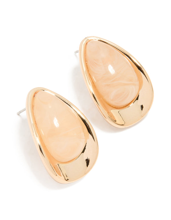 Gold Pink Beaded Pear Stud Earrings