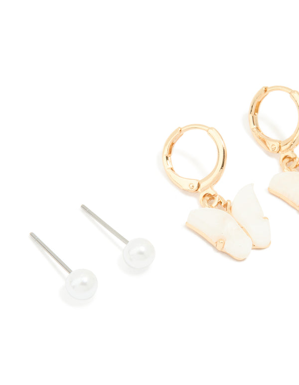 Gold Pearl Stud & Butterfly Huggie Earrings 3-Pack