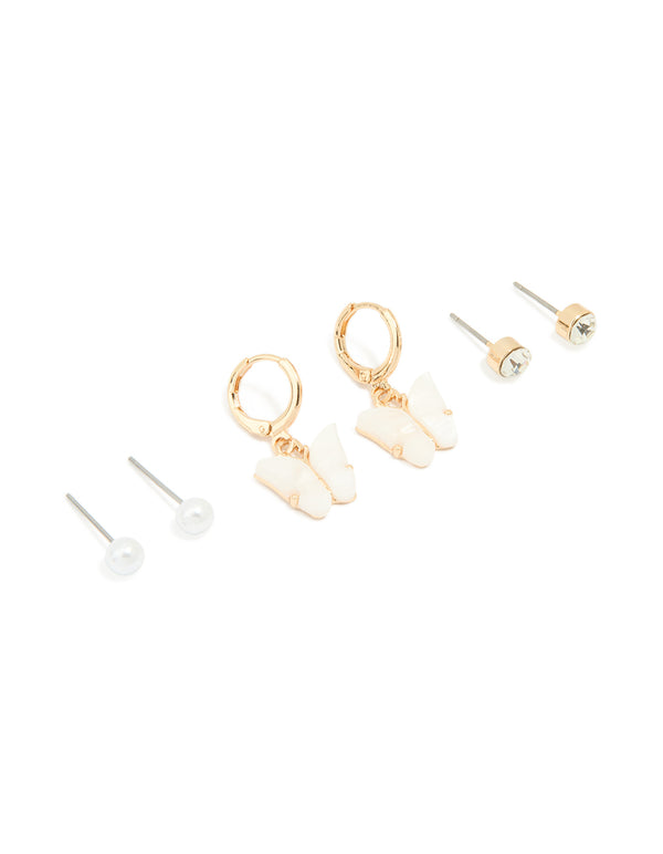 Gold Pearl Stud & Butterfly Huggie Earrings 3-Pack