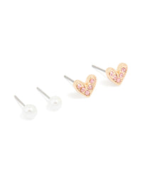 Gold Pearl Bow & Heart Earrings 3-Pack - link has visual effect only