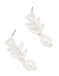 Silver Plated Cubic Zirconia Vine & Freshwater Pearl Drop Earrings - link has visual effect only