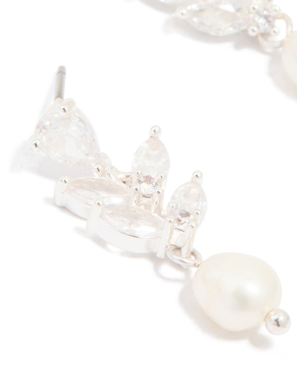 Silver Plated Cubic Zirconia Vine & Freshwater Pearl Drop Earrings