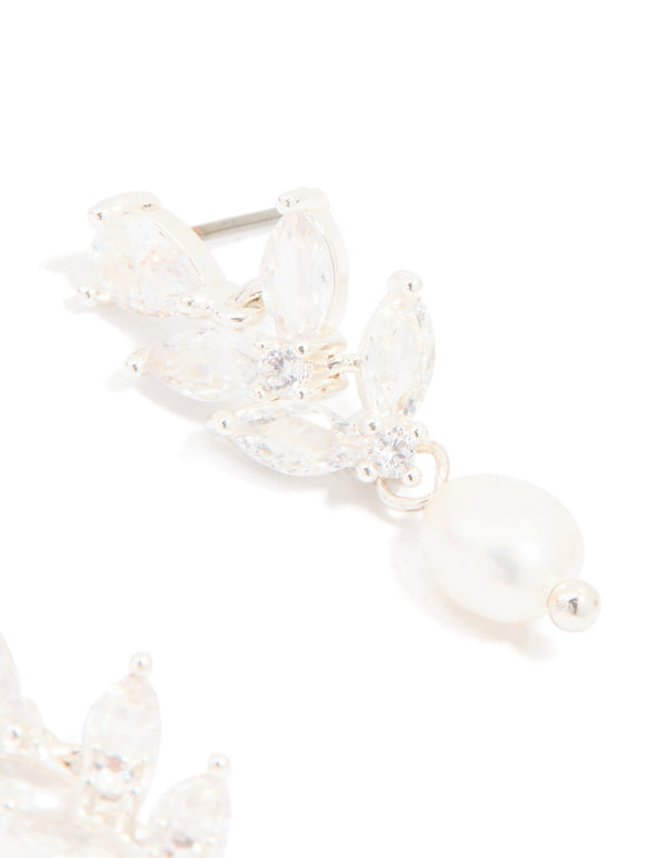 Silver Plated Cubic Zirconia Vine & Freshwater Pearl Drop Earrings