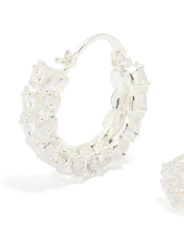 Silver Plated Cubic Zirconia Marquise Herringbone Hoop Earrings