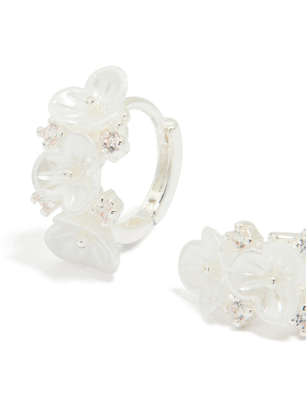 Silver Plated Pearlised Cubic Zirconia Flower Hoop Earrings