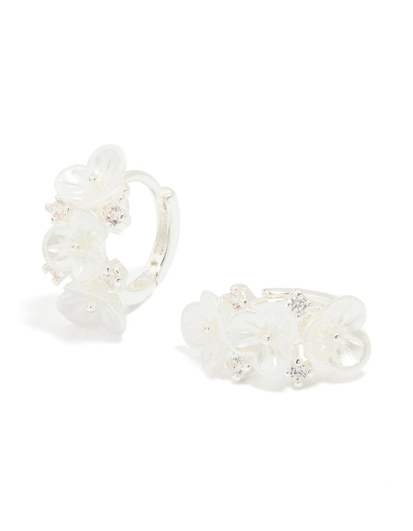 Silver Plated Pearlised Cubic Zirconia Flower Hoop Earrings