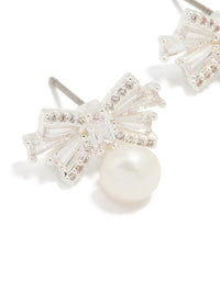 Silver Plated Pearl & Cubic Zirconia Bow Baguette Drop Earrings - link has visual effect only