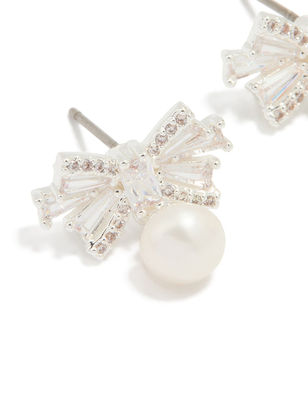 Silver Plated Pearl & Cubic Zirconia Bow Baguette Drop Earrings