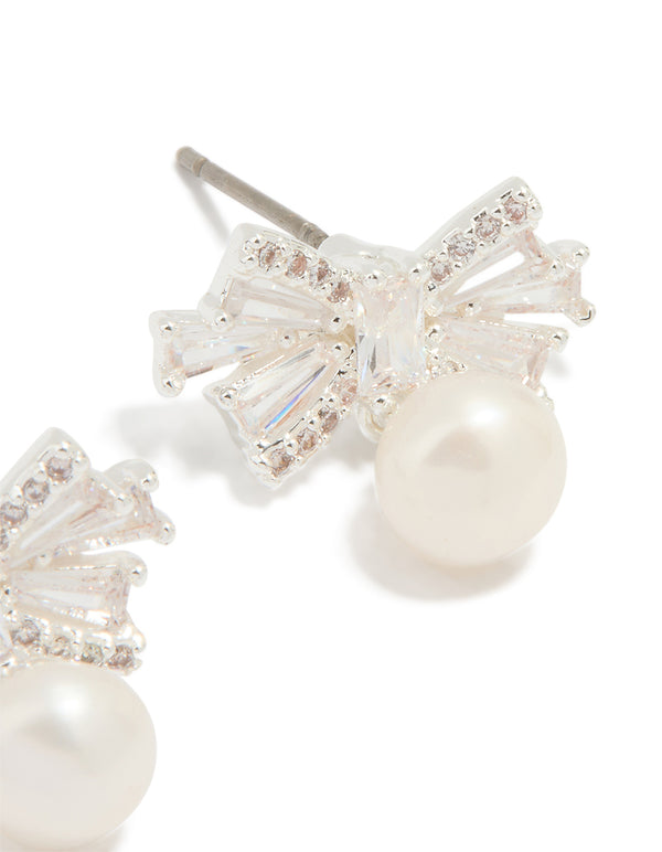 Silver Plated Pearl & Cubic Zirconia Bow Baguette Drop Earrings
