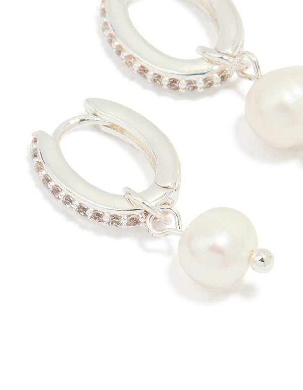 Silver Plated Pearl Cubic Zirconia Pave Drop Hoop Earrings