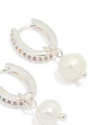 Silver Plated Pearl Cubic Zirconia Pave Drop Hoop Earrings - link has visual effect only