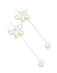 Silver Plated Pearl Butterfly Long Drop Earrings - link has visual effect only
