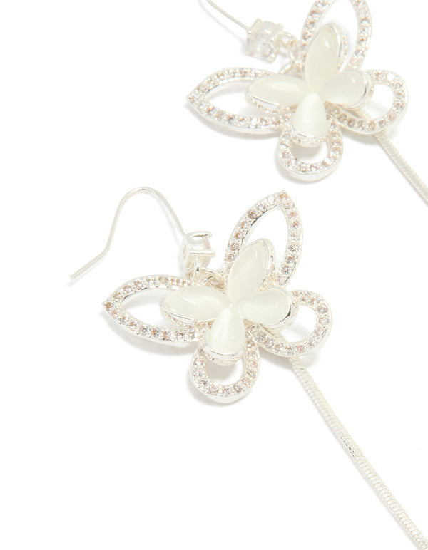 Silver Plated Pearl Butterfly Long Drop Earrings