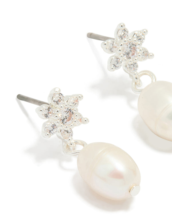 Silver Plated Pearl Cubic Zirconia Flower Drop Earrings