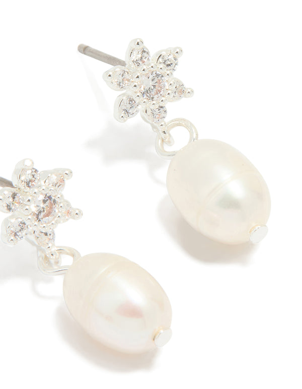 Silver Plated Pearl Cubic Zirconia Flower Drop Earrings