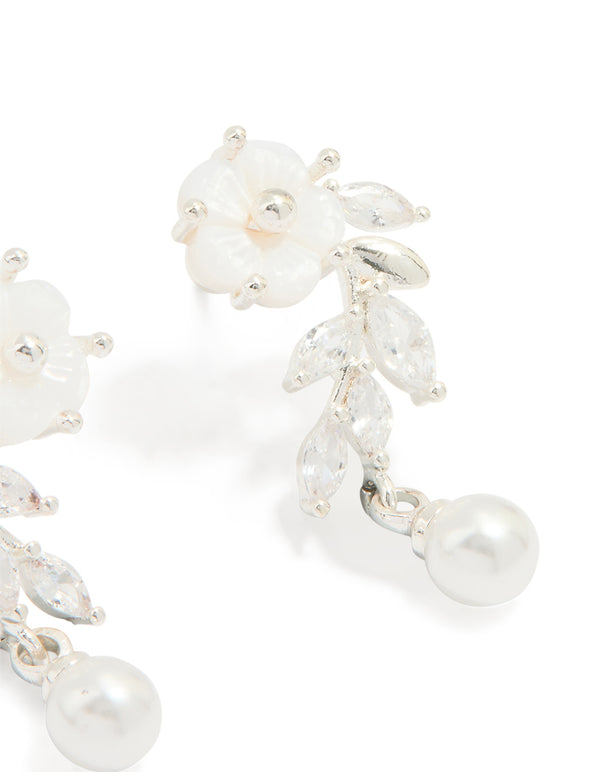 Silver Plated Pearl & Flower Drop Earrings