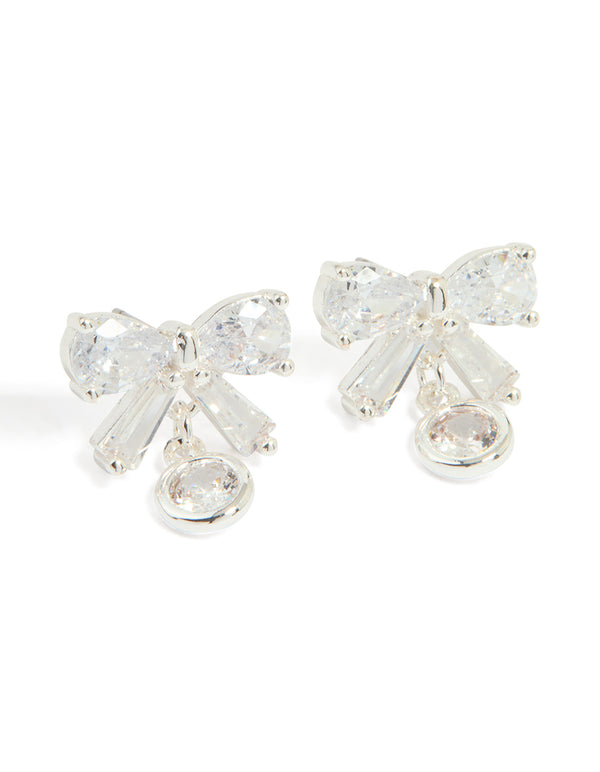 Silver Plated Cubic Zirconia Bow & Round Drop Earrings