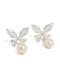 Silver Plated Cubic Zirconia Butterfly Pearl Drop Earrings - link has visual effect only