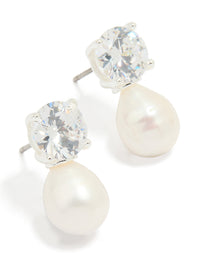 Silver Plated Cubic Zirconia Freshwater Pearl Drop Earrings - link has visual effect only