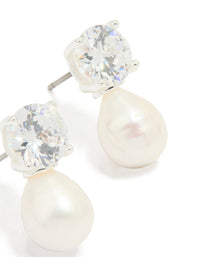 Silver Plated Cubic Zirconia Freshwater Pearl Drop Earrings - link has visual effect only