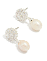 Silver Plated Cubic Zirconia Flower & Pearl Drop Earrings - link has visual effect only