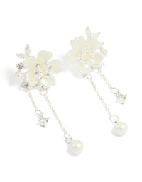 Silver Plated Cubic Zirconia & Pearl Flower Drop Earrings - link has visual effect only