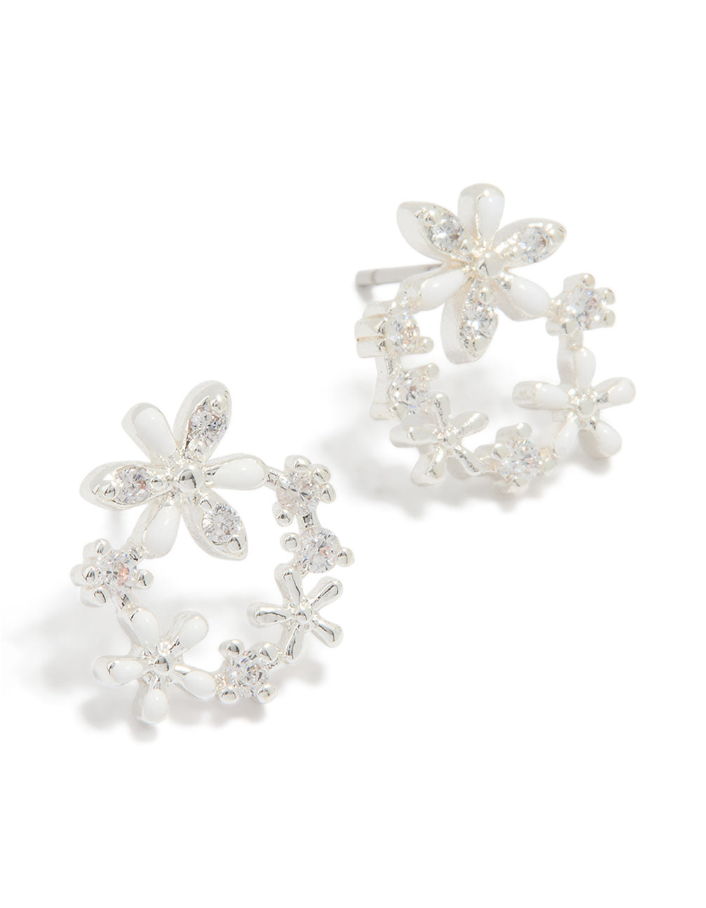Silver Plated Cubic Zirconia Flower Wreath Stud Earrings