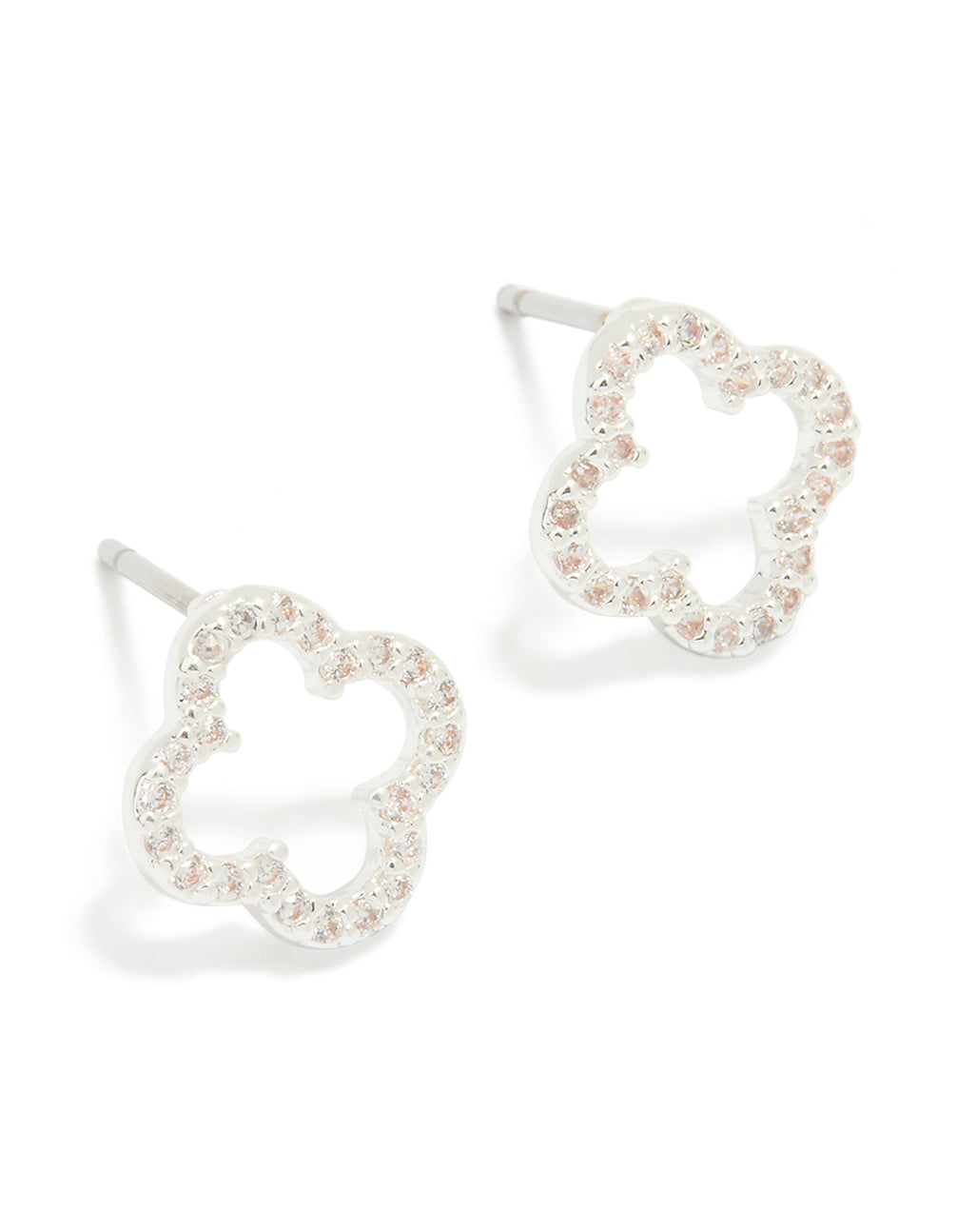 Silver Plated Cubic Zirconia Flower Outline Stud Earrings