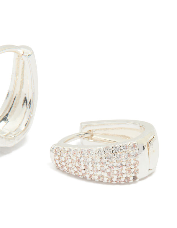 Silver Plated Cubic Zirconia Pave Classic Hoop Earrings
