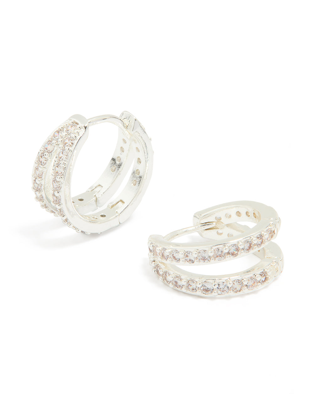 Silver Plated Cubic Zirconia Pave Double Mini Hoop Earrings