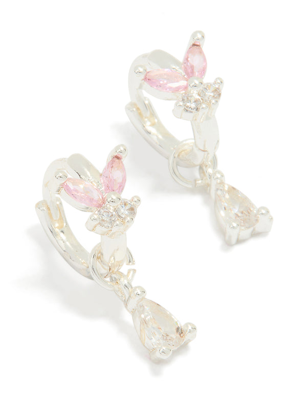 Silver Plated Pink Cubic Zirconia Butterfly Drop Huggie Earrings