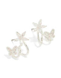 Silver Plated Cubic Zirconia Flower Butterfly Ear Jacket Earrings - link has visual effect only