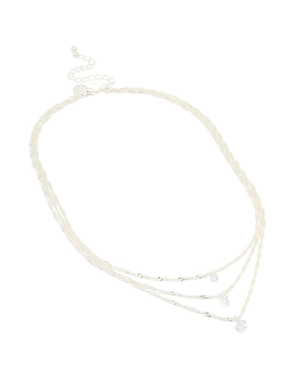Silver Plated Round Cubic Zirconia Trio Layered Necklace
