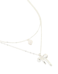 Silver Plated Freshwater Pearl & Bow Layered Necklace - link has visual effect only