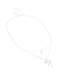 Silver Plated Freshwater Pearl & Bow Layered Necklace - link has visual effect only