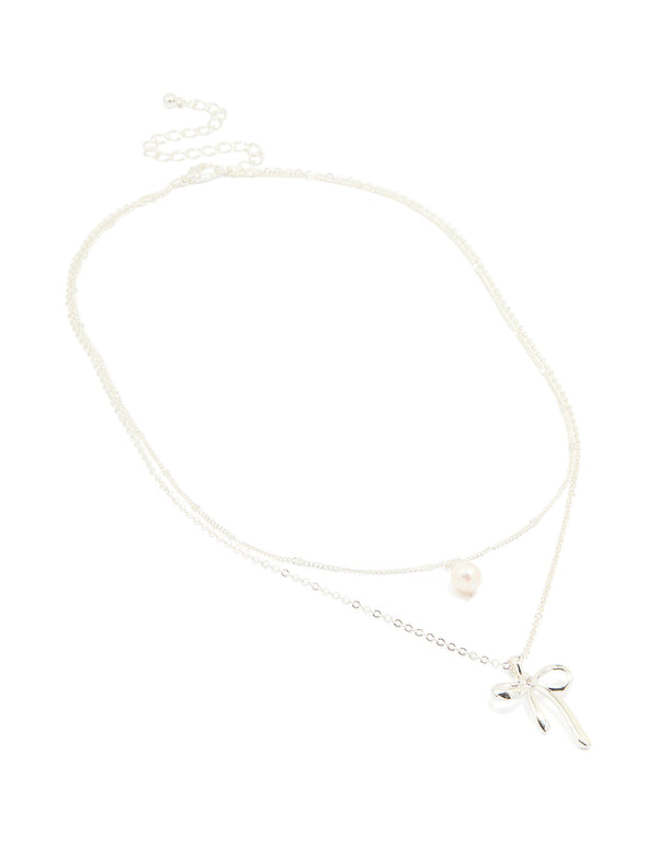 Silver Plated Freshwater Pearl & Bow Layered Necklace