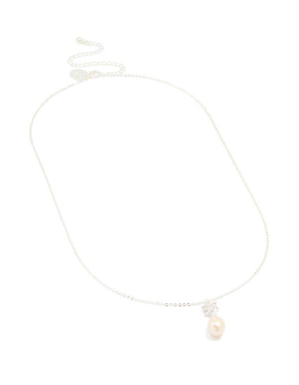 Silver Plated Cubic Zirconia Flower Pearl Drop Necklace