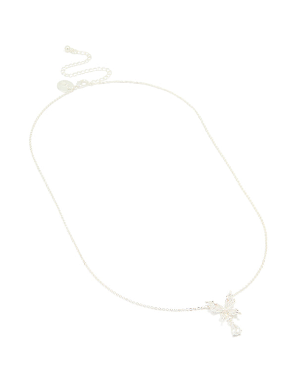 Silver Plated Cubic Zirconia Butterfly Teardrop Necklace
