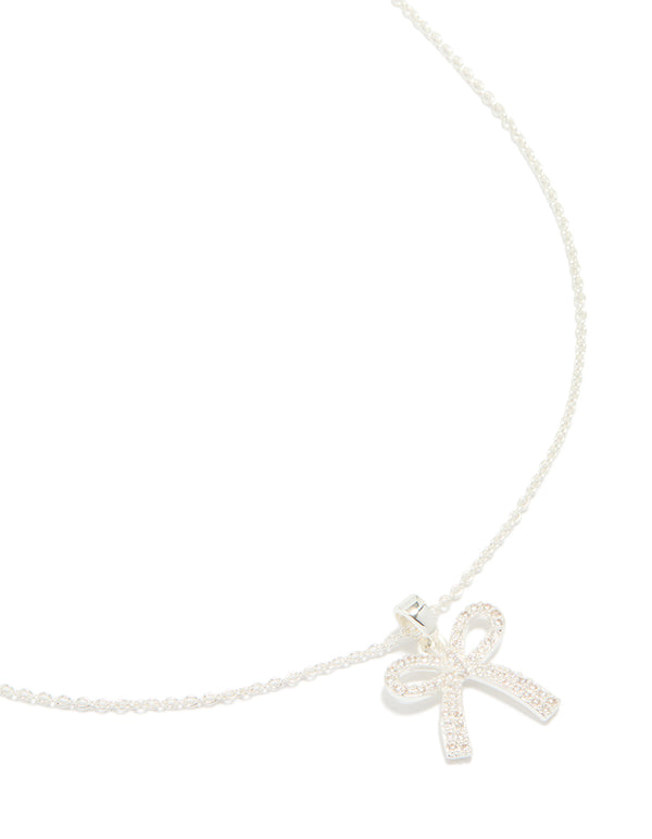 Silver Plated Cubic Zirconia Pave Chunky Bow Necklace