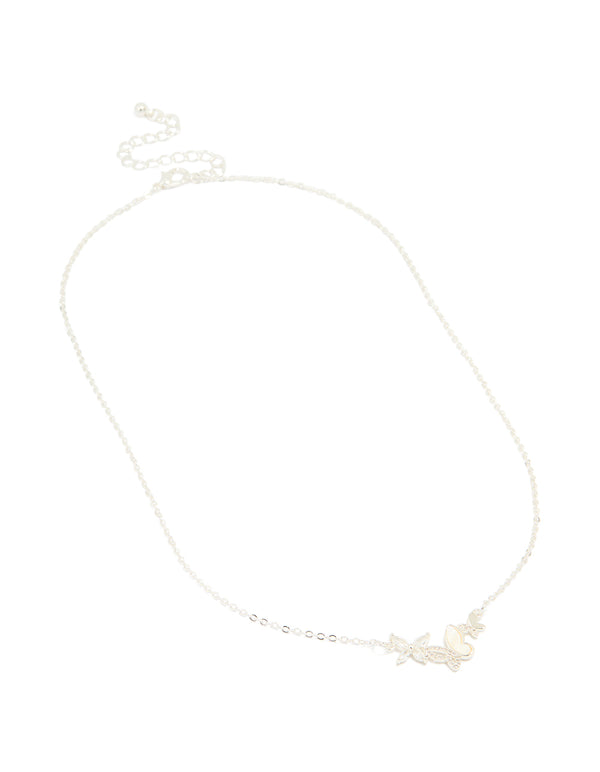 Silver Plated Cubic Zirconia Butterfly Pendant Necklace