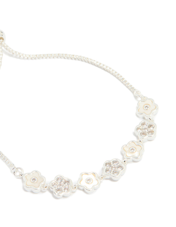 Silver Plated Cubic Zirconia Mini Flower Toggle Bracelet