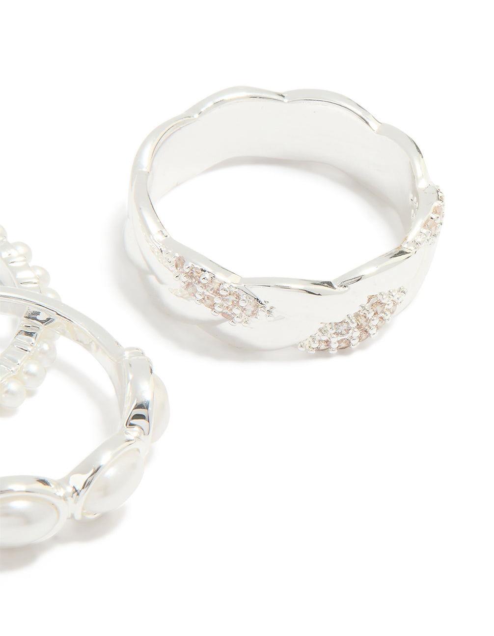 Silver Plated Diamante & Pearl Twisted Molten Rings 4-Pack