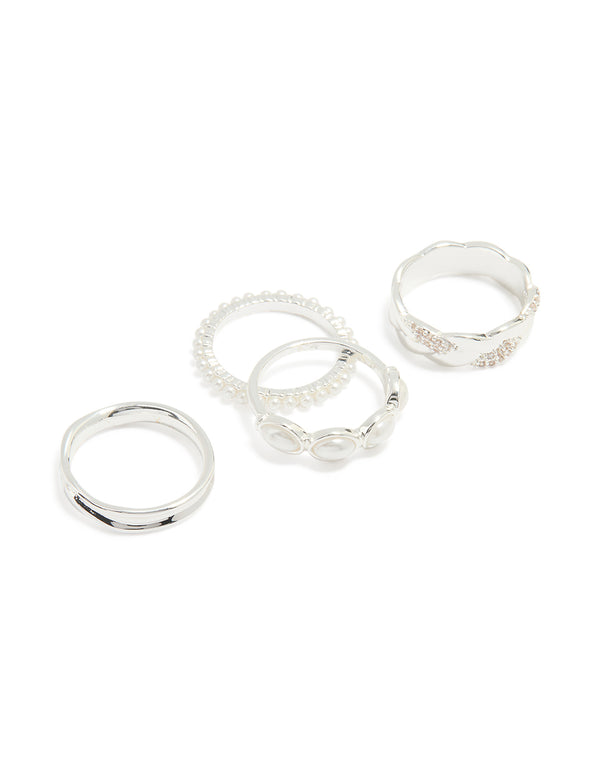 Silver Plated Diamante & Pearl Twisted Molten Rings 4-Pack