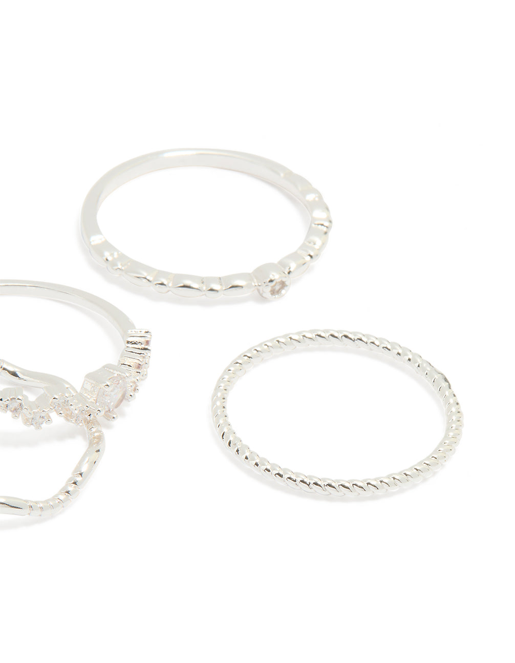 Silver Plated Dainty Cubic Zirconia & Plain Rings 5-Pack