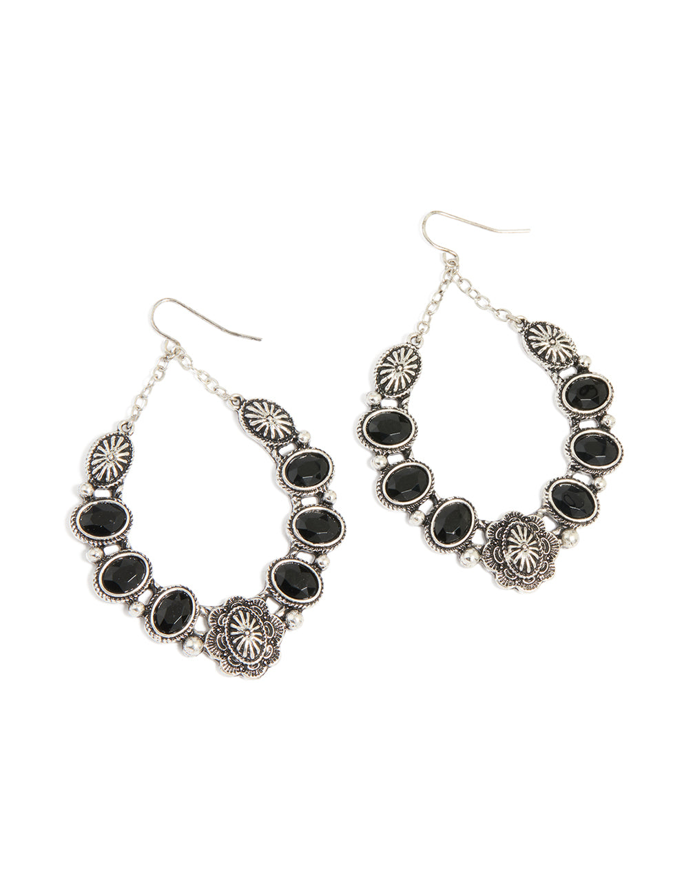 Antique Silver Textured Black Stone Oval Drop Earrings