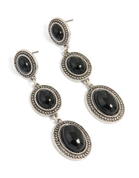 Antique Silver Black Stone Textured Circle Drop Earrings - link has visual effect only