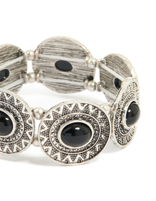 Antique Silver Black Stone Textured Large Stretch Bracelet