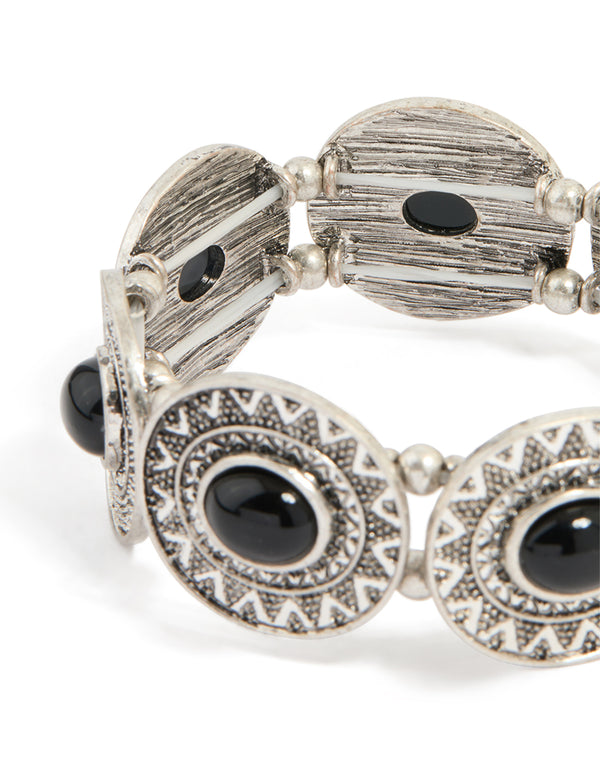 Antique Silver Black Stone Textured Large Stretch Bracelet
