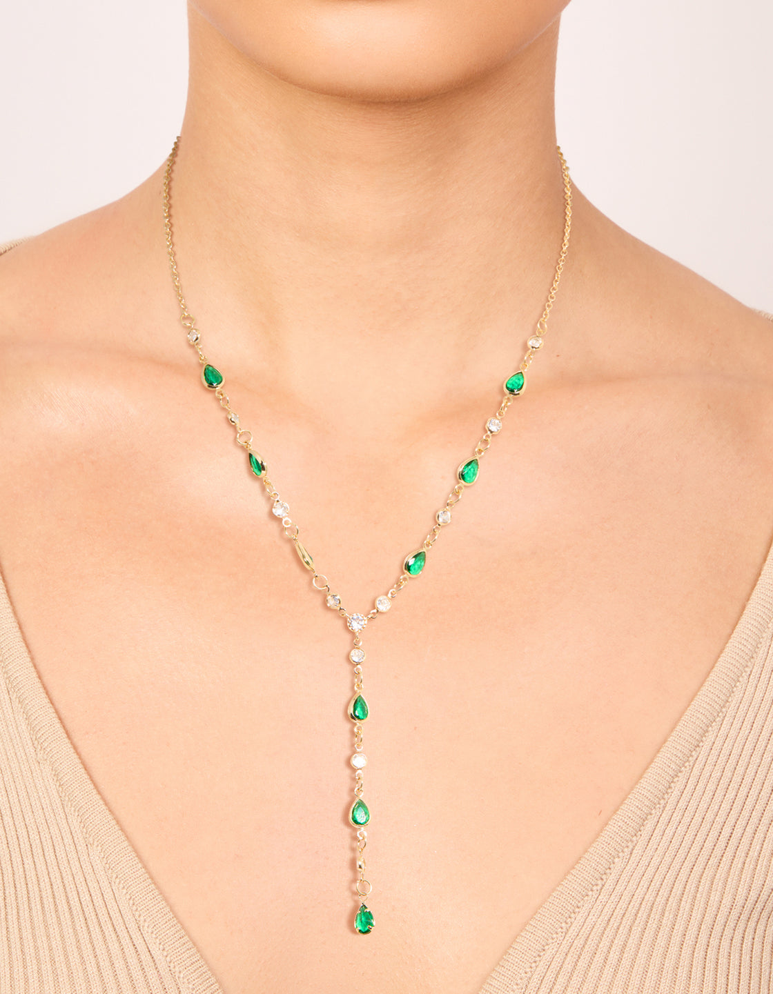 Gold Plated Emerald Cubic Zirconia Y-Necklace