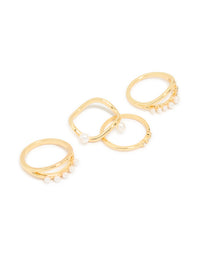 Gold Plated Cubic Zirconia Pearl Wavy Rings 4-Pack - link has visual effect only